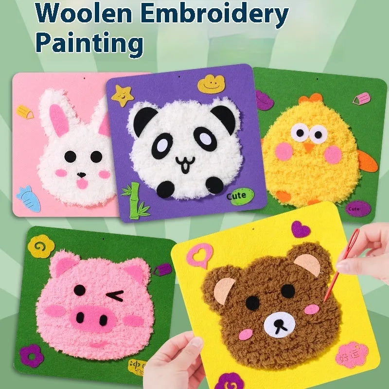 Children's DIY wool embroidery kit with cartoon animal design on 15cm cloth base