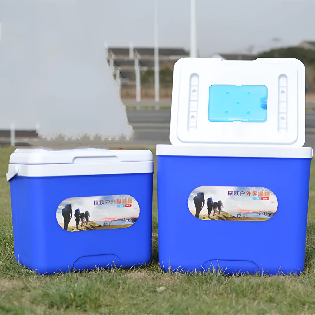 Blue portable insulated cooler bag with aluminium foil construction, shown with capacity options.