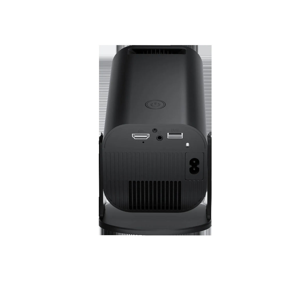 P330 black and white portable mini projector on a table with remote control.