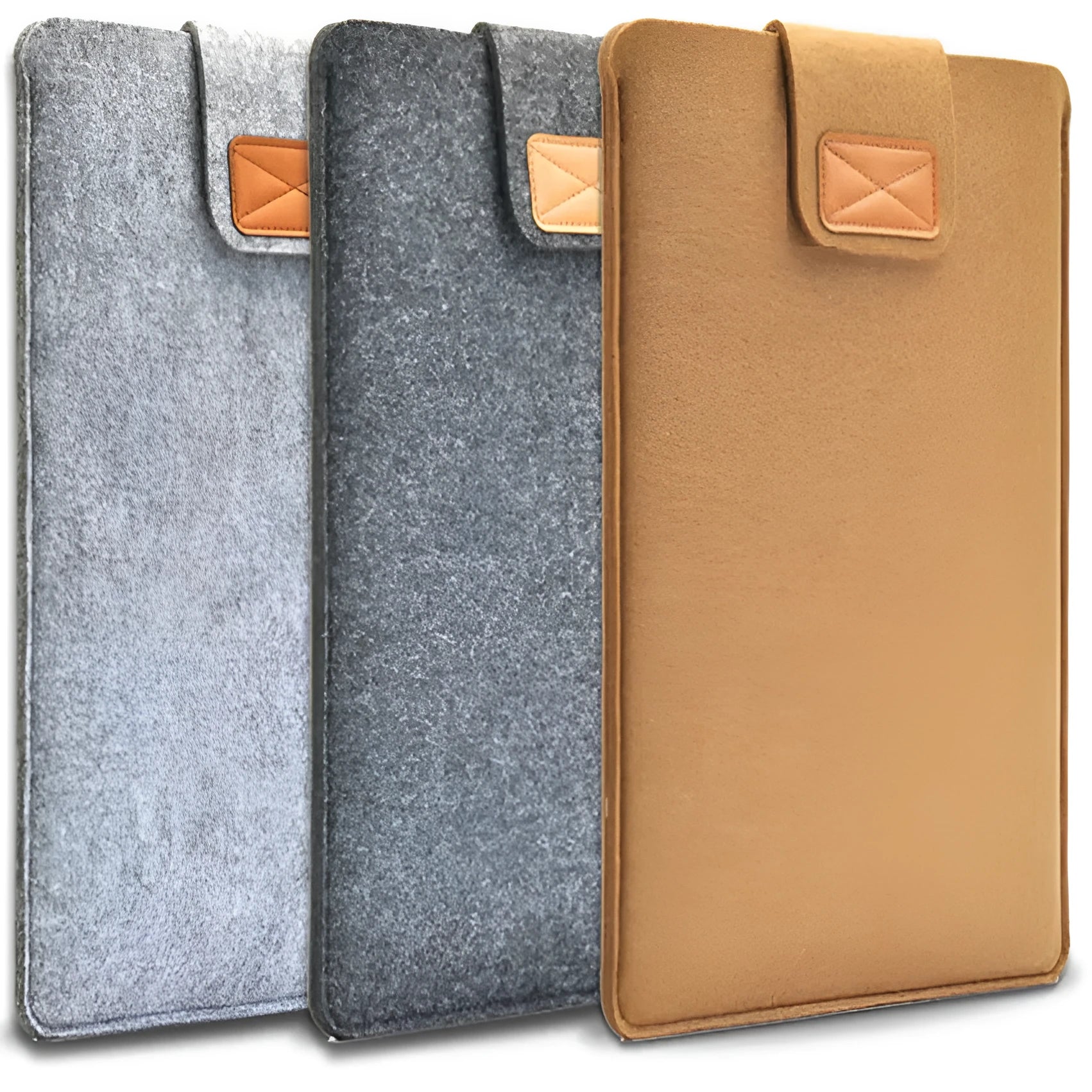 Felt laptop bag in khaki colour showing clamshell design with woven texture exterior