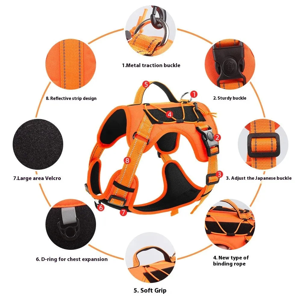 Reflective dog harness with hand-holding rope in PU material showing colour options and sizing