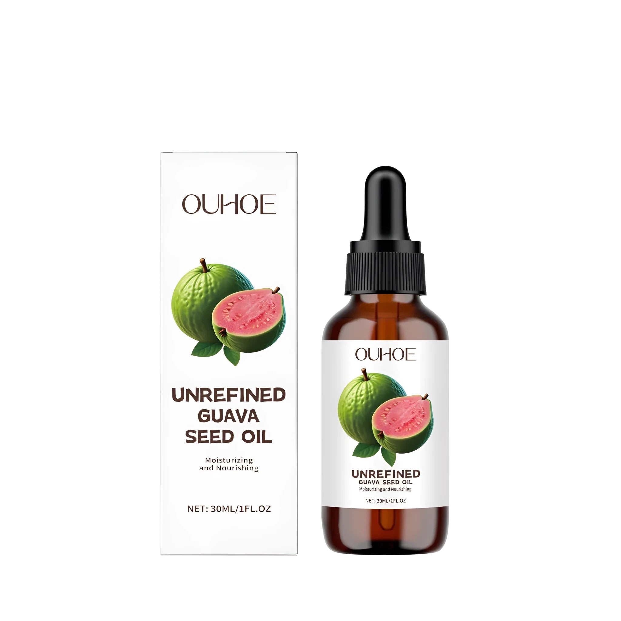 30ml bottle of guava seed oil facial treatment serum on a plain background.