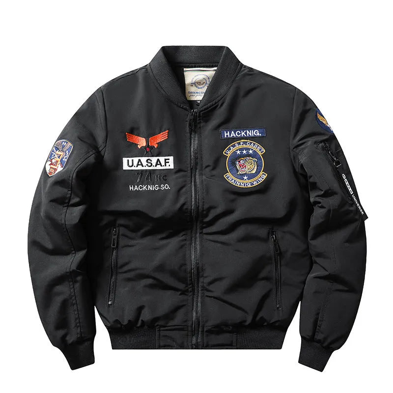 Men's slim-fit stand collar motorcycle coat in retro embroidery style with patch pockets
