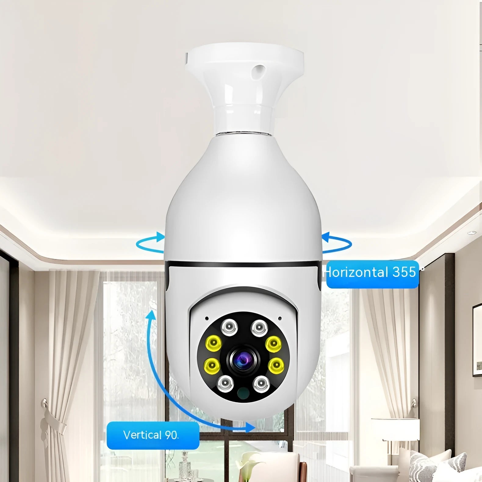 Wireless bulb security camera with compact 5cm by 12cm size and dual-band connectivity for indoor outdoor use