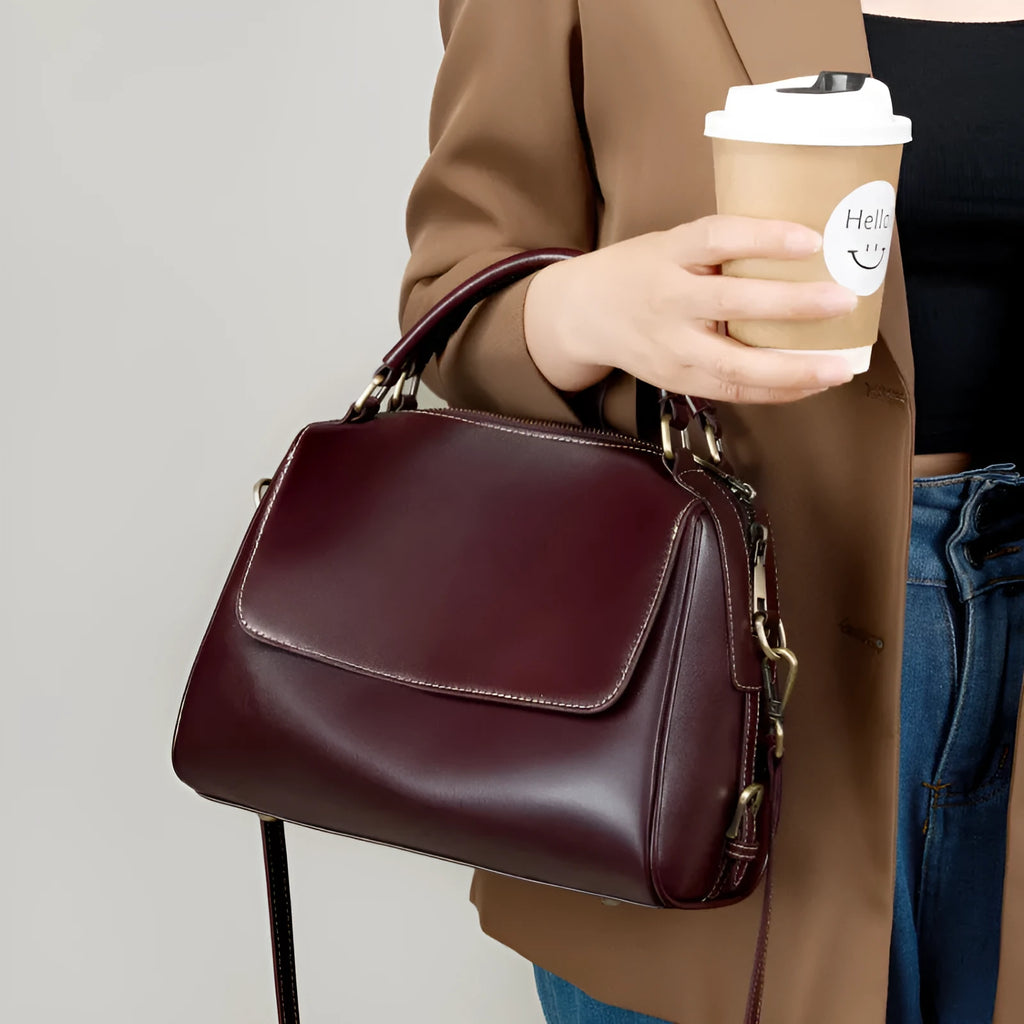 Women's genuine leather crossbody tote bag in cross square shape with double shoulder straps