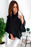 Long grey women's cardigan with batwing sleeves and three-button placket.