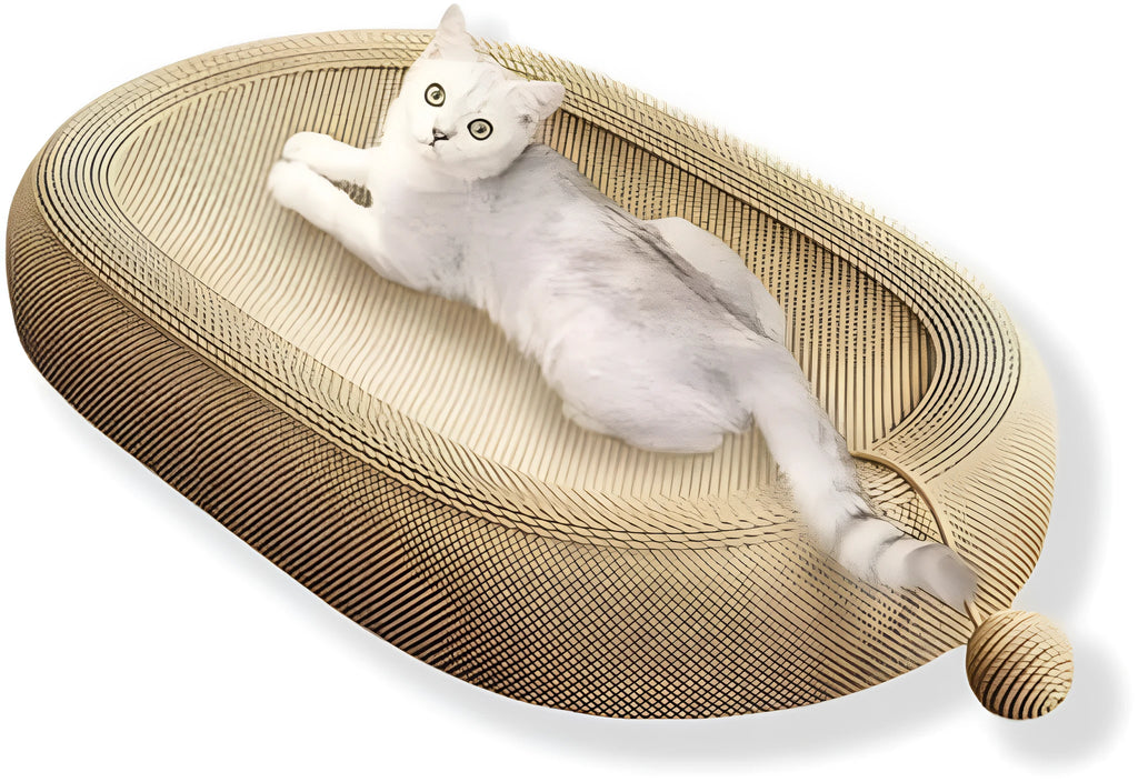 Large natural sisal fibre cat scratching board with a flat lounging bed on top.