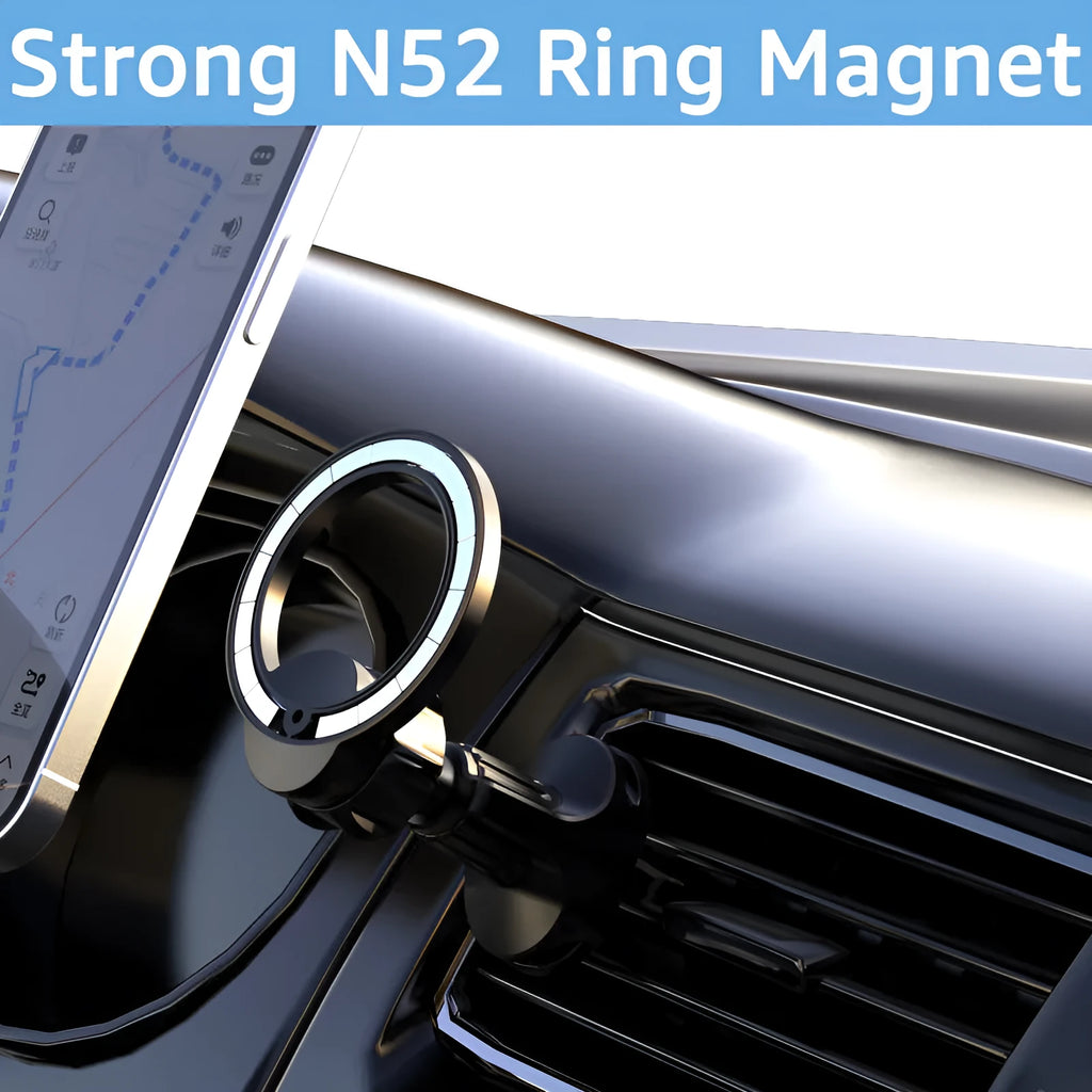 Black magnetic car phone holder clipped to a car air vent with a smartphone attached.