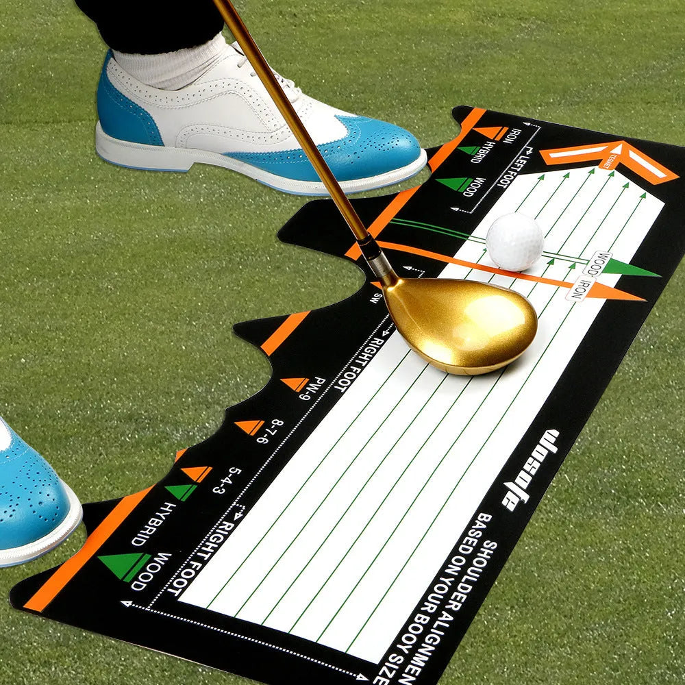 Black neoprene golf swing stance positioning pad measuring 22.5cm for training alignment