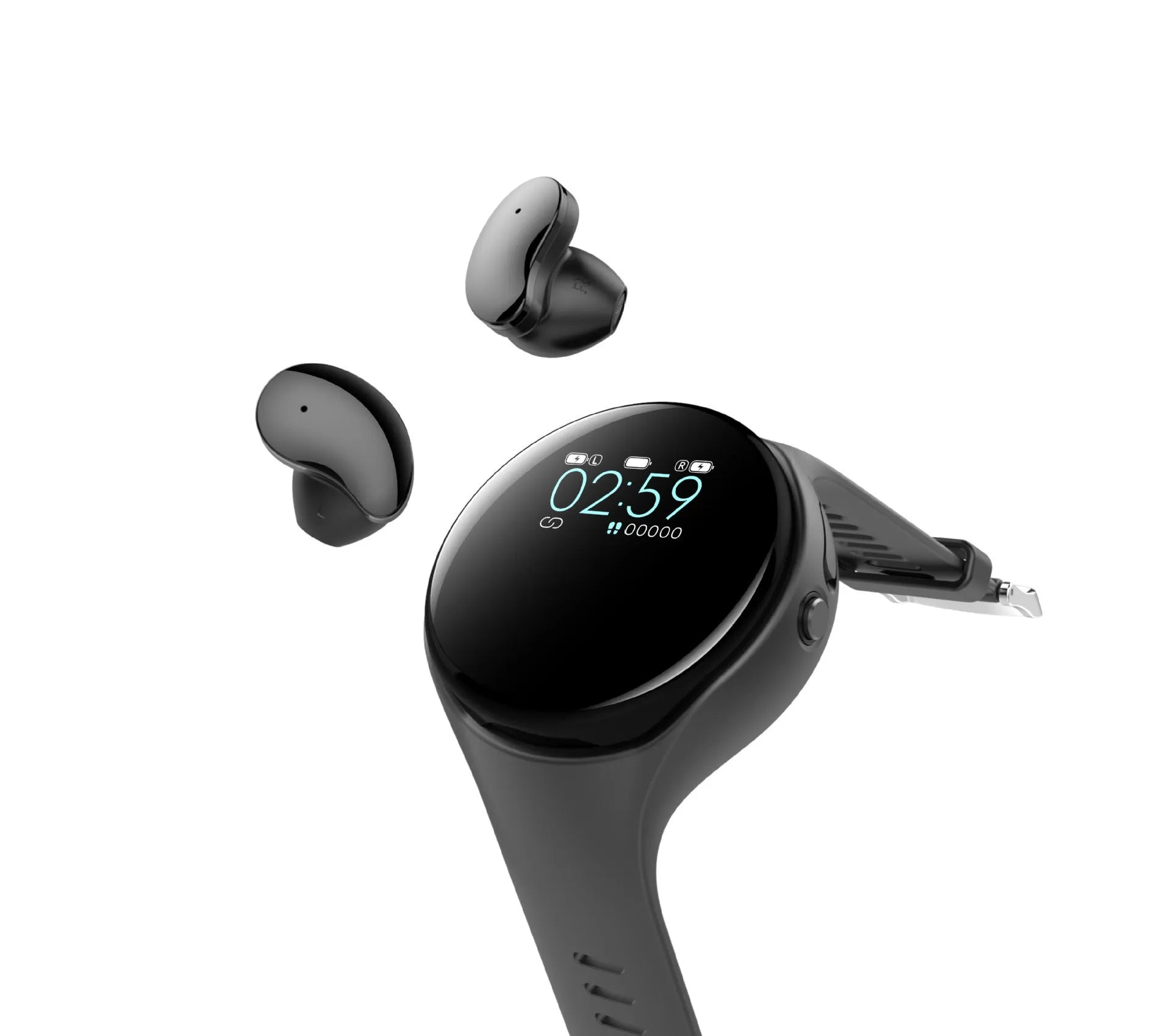 Black Bluetooth headset attached to a smart bracelet with colour screen for heart rate and step tracking.