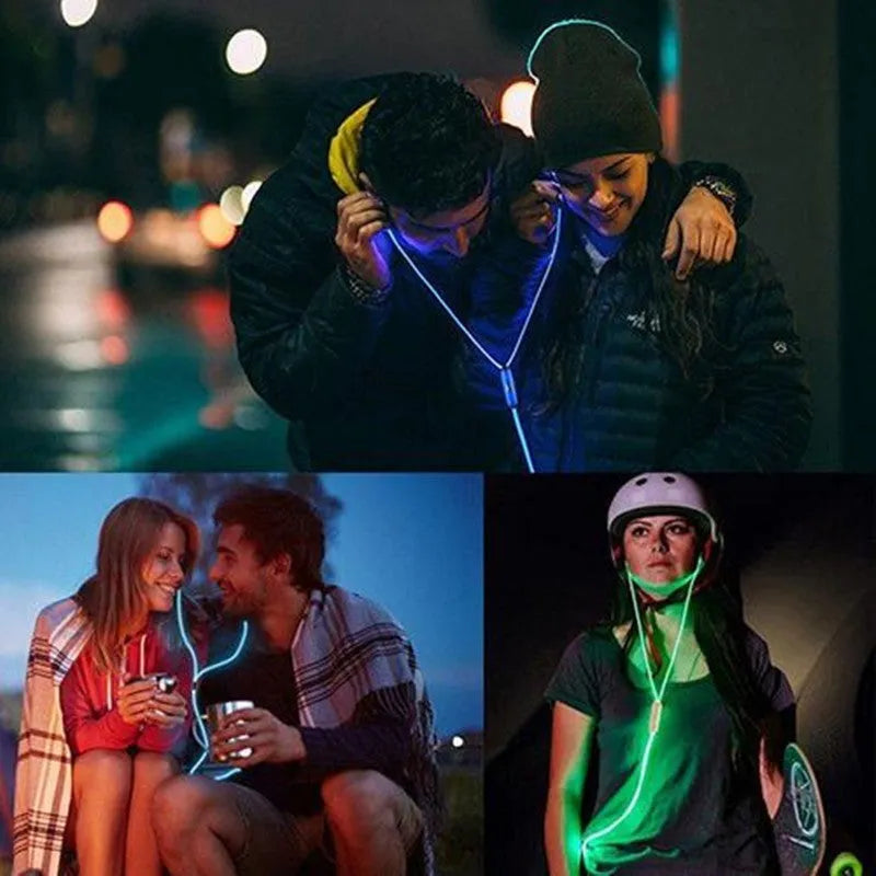 Blue Magic Light LED earphones with aluminium alloy shells and glowing cable connected to a phone.