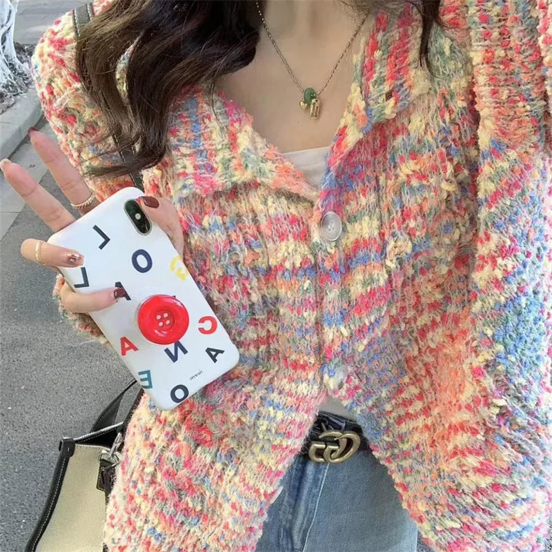 Retro rainbow pattern knitted cardigan sweater in acrylic with pink and green colour options
