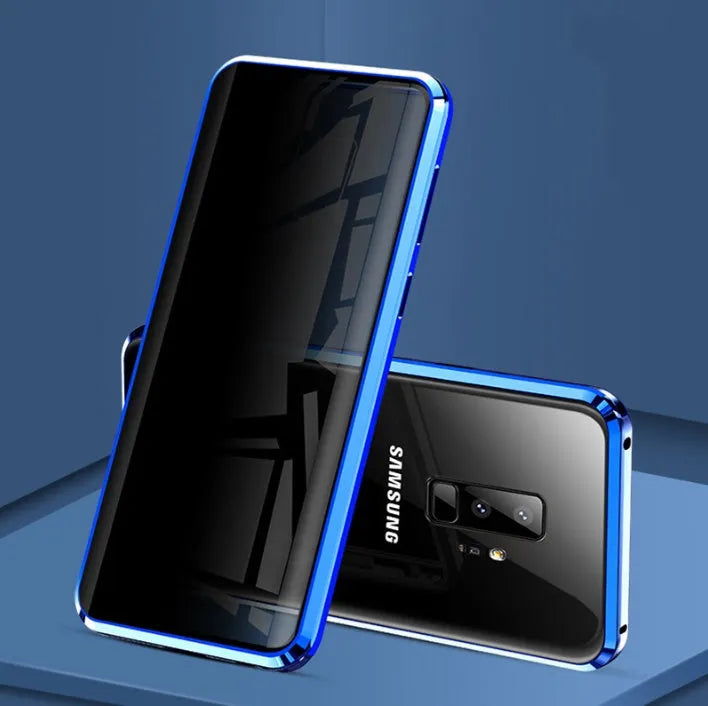 Black anti-peeping magnetic clamshell phone case for Samsung Galaxy S21 Ultra shown open and closed.