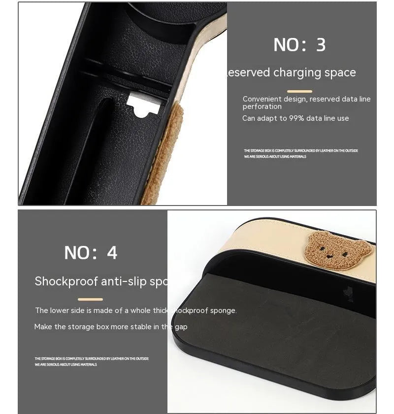 Leather car seat gap storage box with cartoon bear design options for vehicle organisation