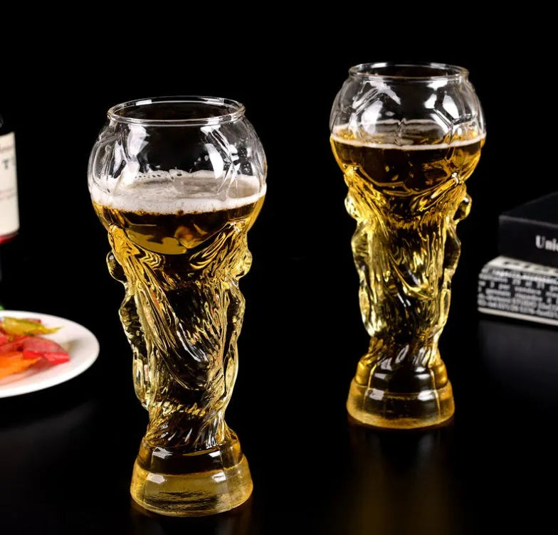 Transparent Hercules-themed glass beer cup with 450ml capacity, 6cm diameter, and 19cm height on a table