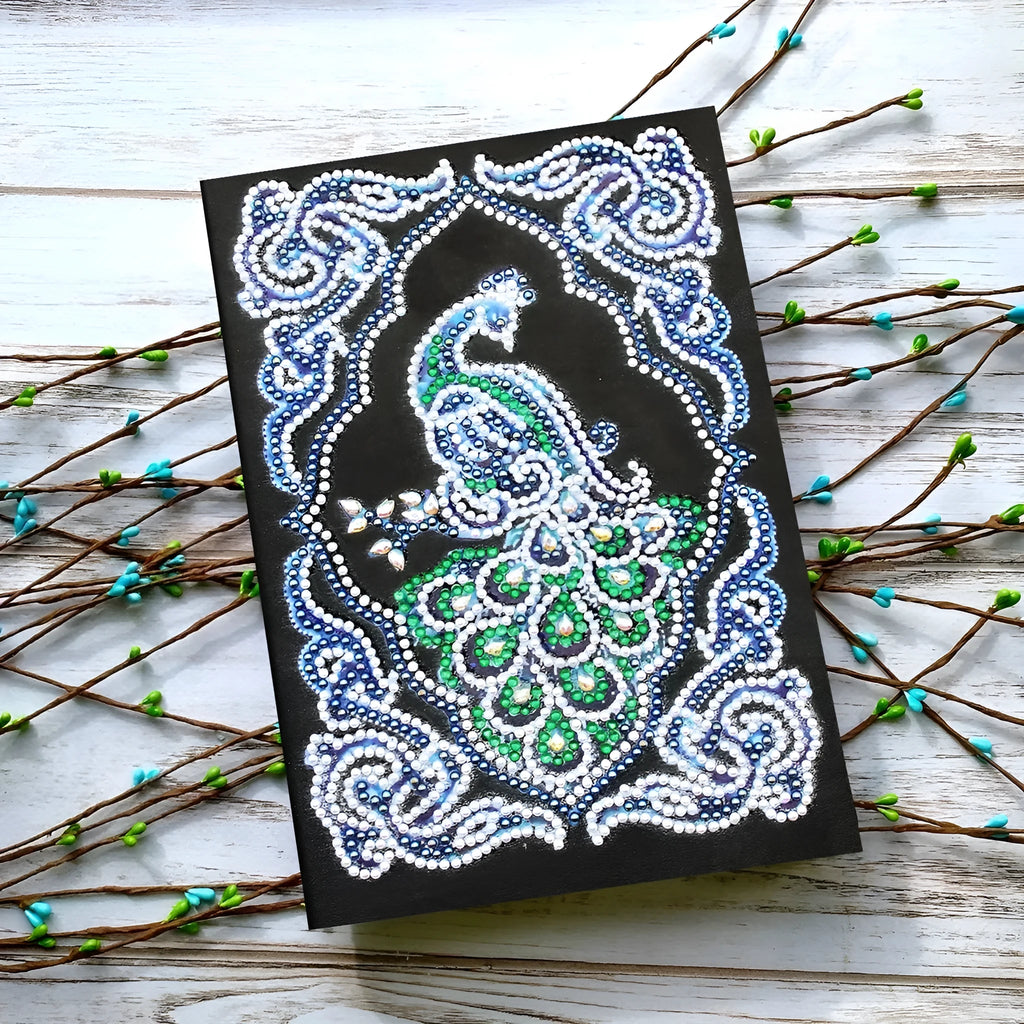 Peacock Beauty diamond painting notebook A5 size with shaped and bright drill decoration on black cover
