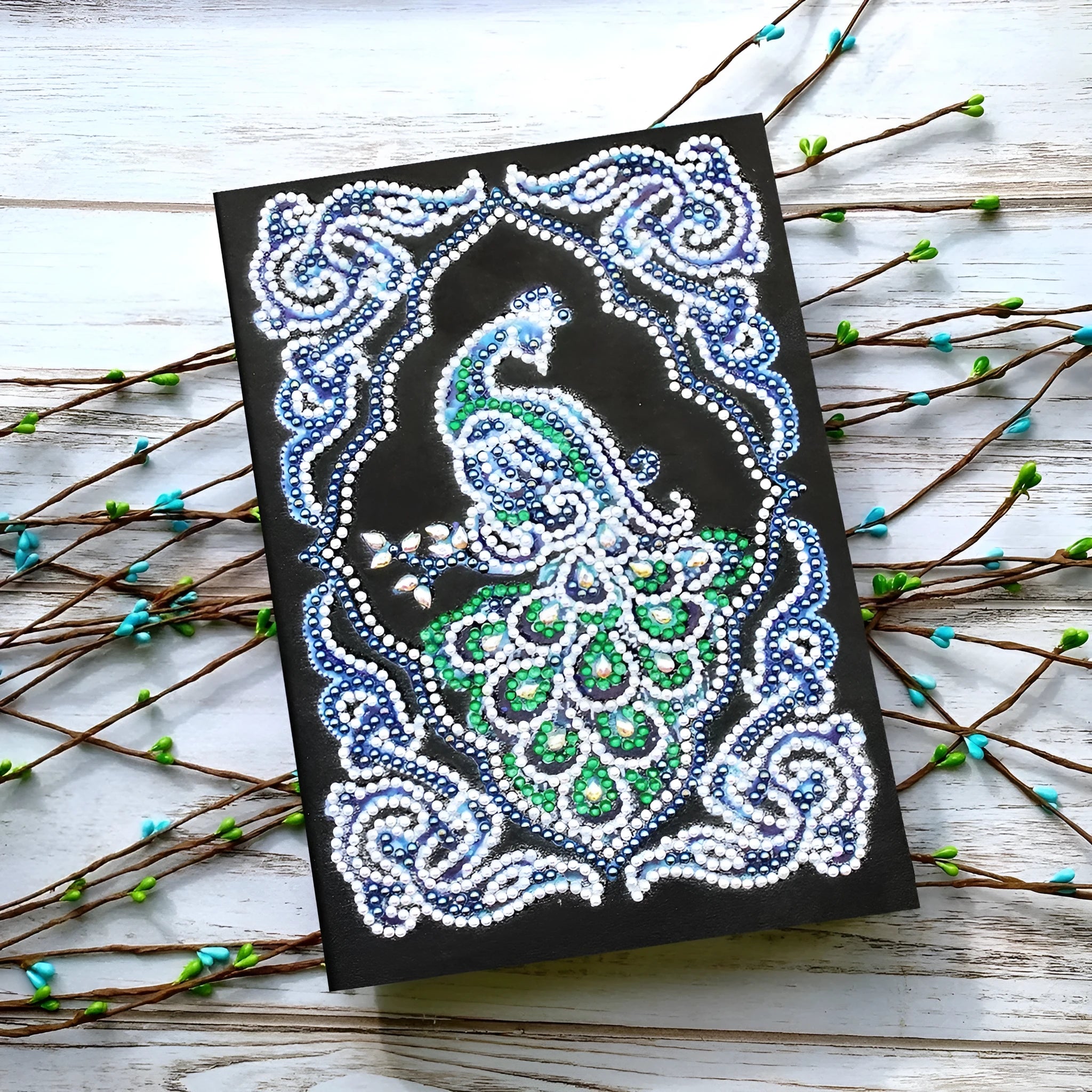 Peacock Beauty diamond painting notebook A5 size with shaped and bright drill decoration on black cover