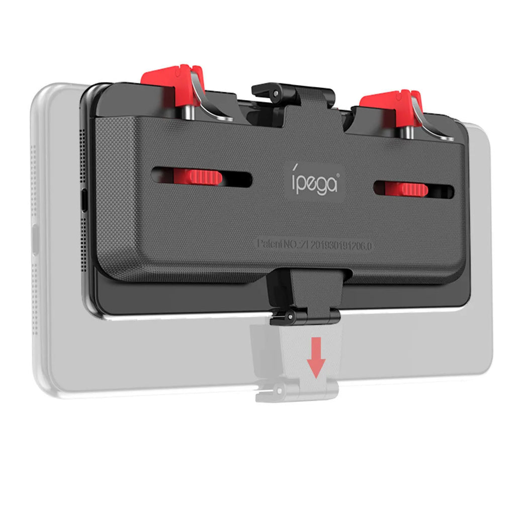 Black mobile gaming phone mount bracket with an extended metal trigger and telescopic clamping clip.
