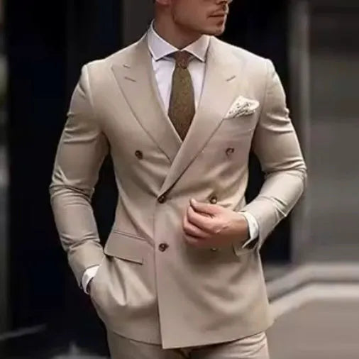 Korean slim fit men's two-piece suit in grey on a model, showing business casual style