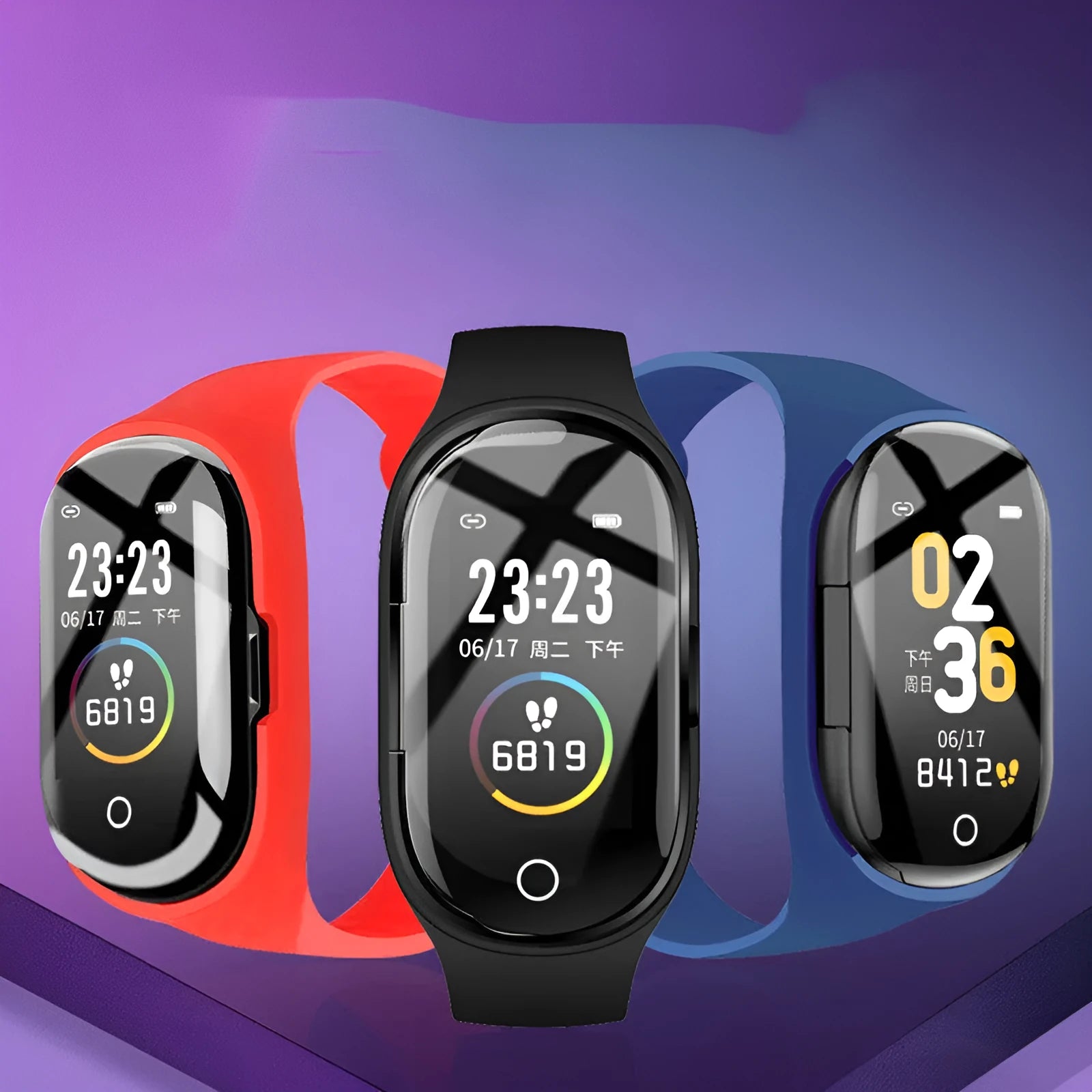 Smart bracelet with integrated wireless earphones in silicone wristband showing 1-inch screen