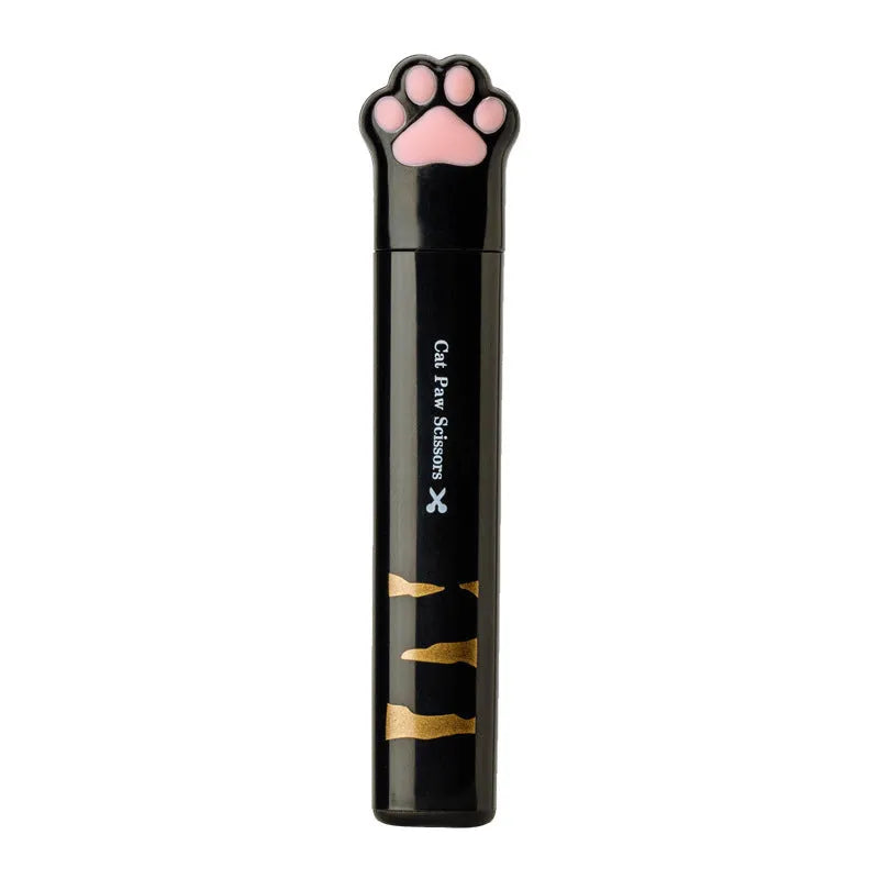 Cat paw mini folding craft scissors in four colours: black, blue, pink, and white, showing closed and open positions.