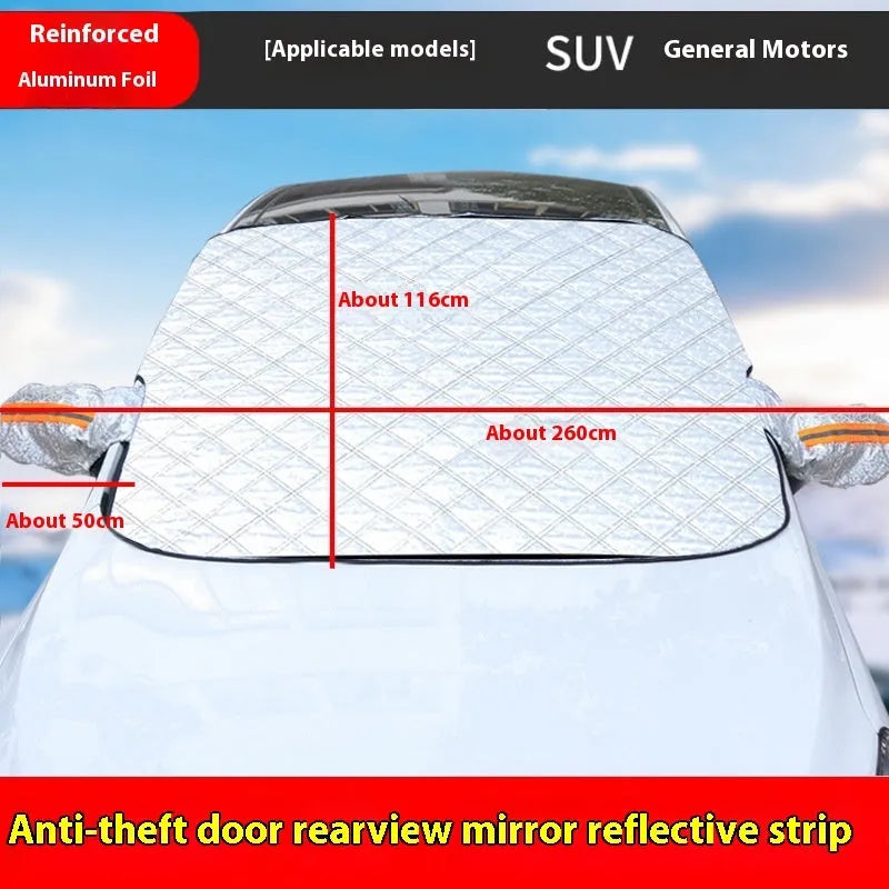 Thickened aluminium foil front windshield winter cover for SUV cars with reflective stripes and magnets.