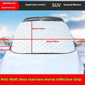 Thickened aluminium foil front windshield winter cover for SUV cars with reflective stripes and magnets.