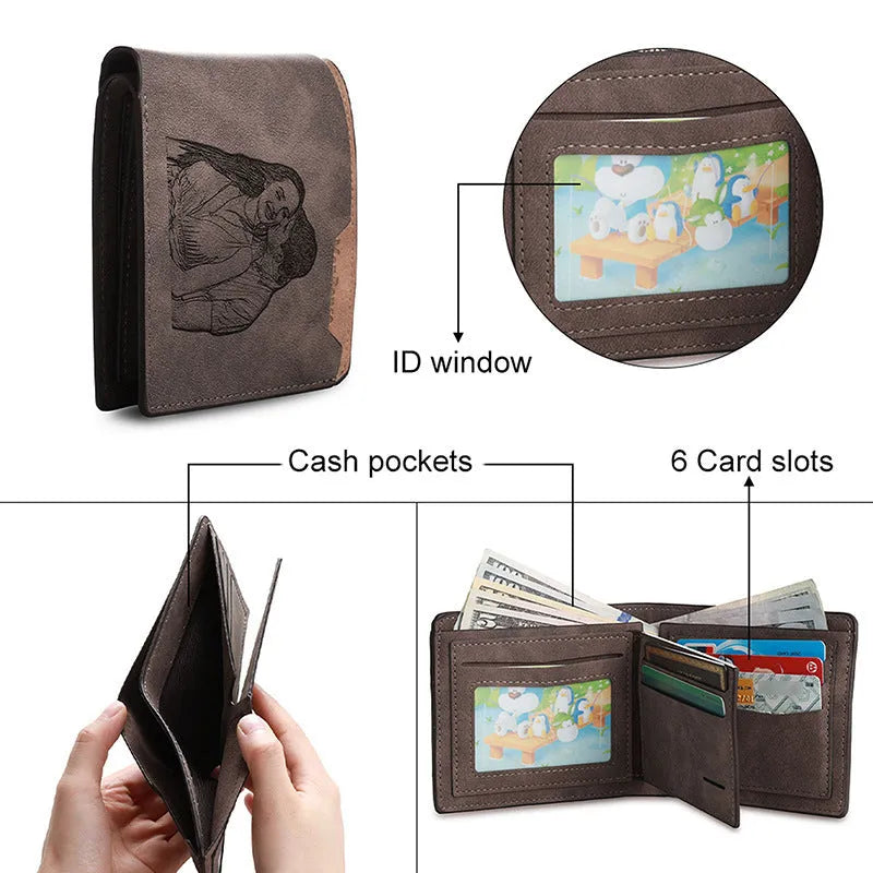 Coffee coloured PU leather engraved wallet showing personalisation panel, closed dimensions 120mm by 99mm.