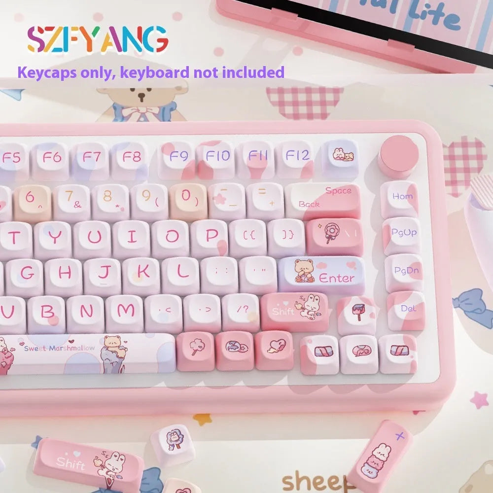 Sweet Cotton Candy pink and white mechanical keyboard keycap set with original character designs