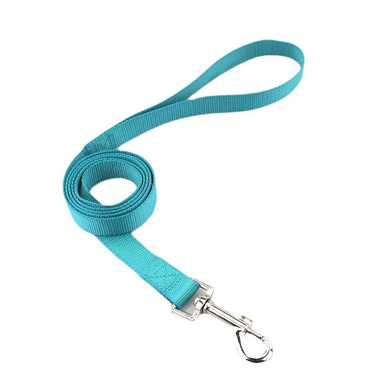 Solid colour polyester dog lead rope shown in blue, with a hand holding the loop and a dog clip at the other end.