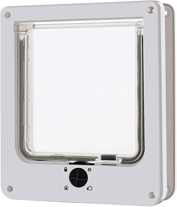 Interior cat door with rotary lock magnetic closure in black, showing frame and flap.