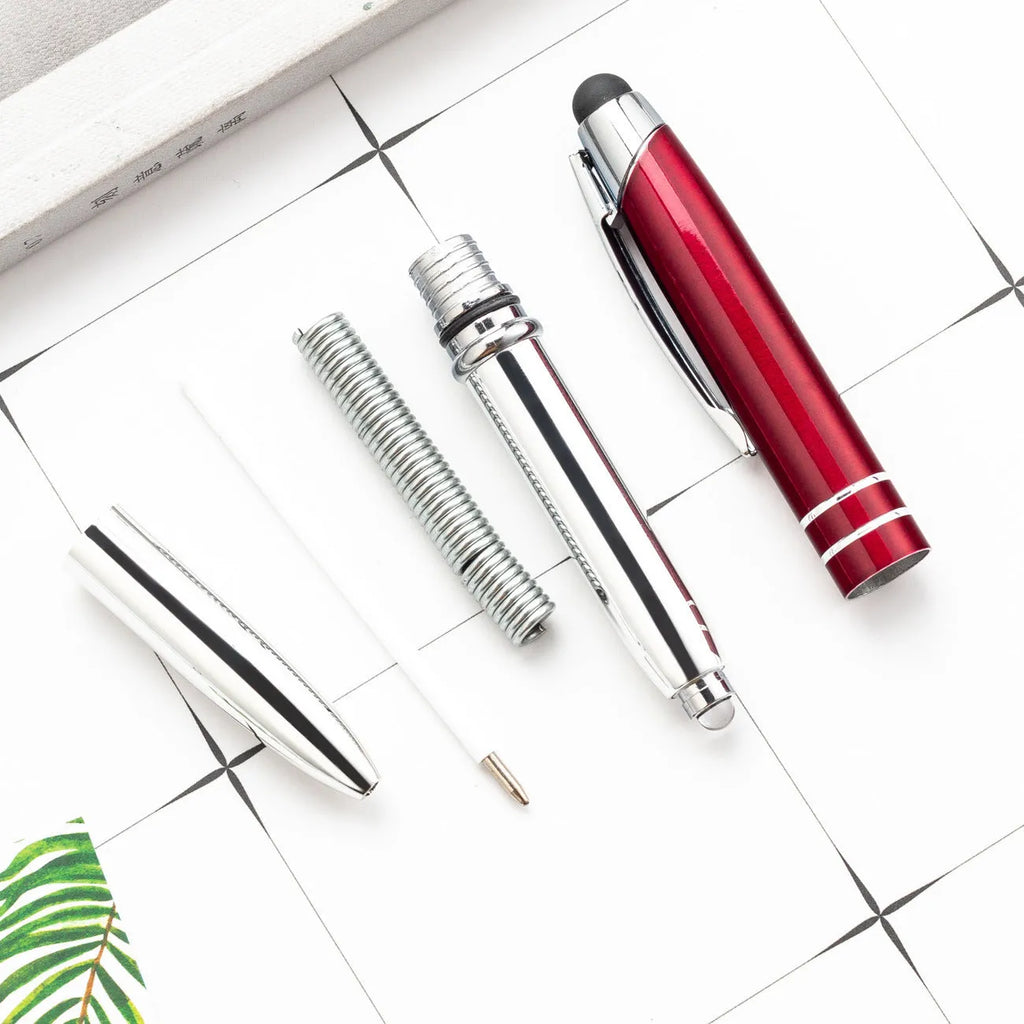 Red metal ballpoint pen with capacitive stylus tip and LED light, one of five colour options
