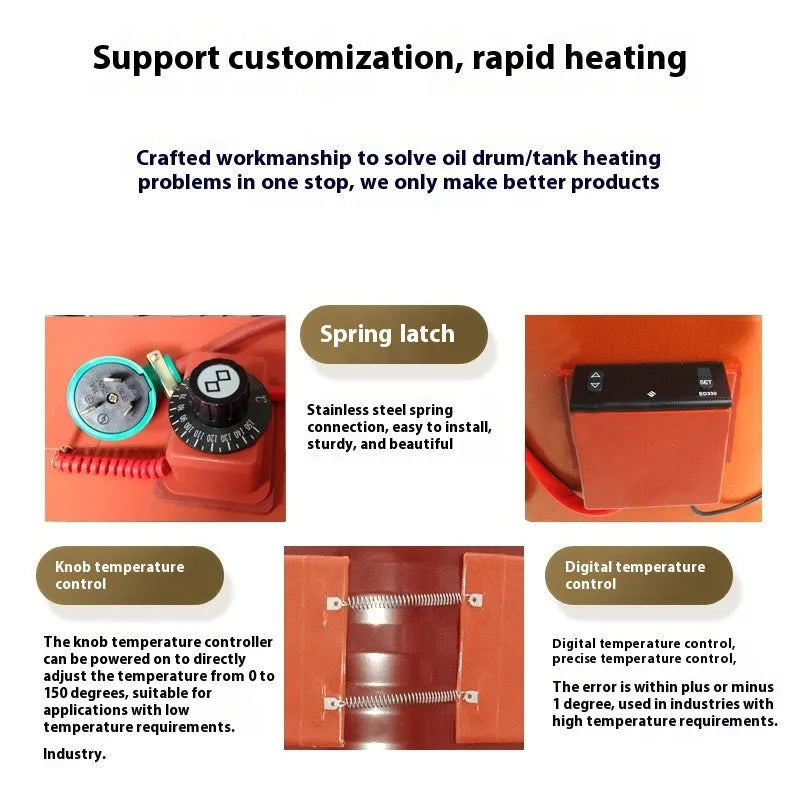Silicone rubber heating belt wrapped around a 200-litre oil drum with digital control display.