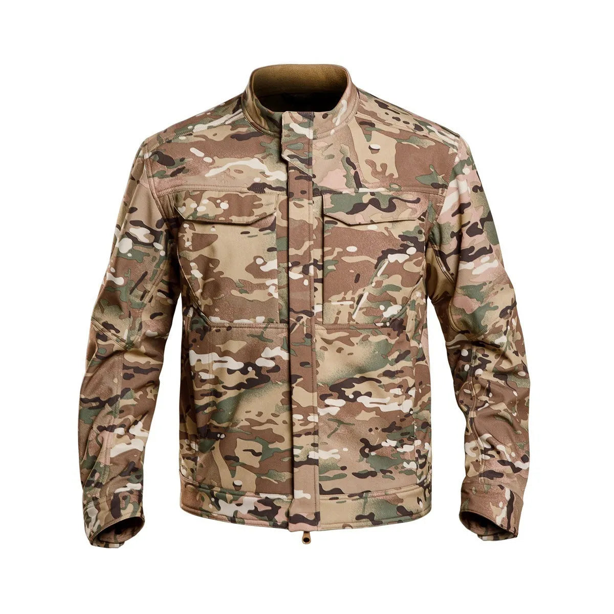 Black soft shell tactical jacket for mountaineering and camping, showing cardigan style and windproof design.