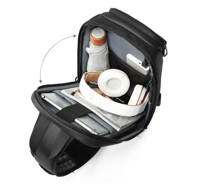 Black medium capacity outdoor shoulder bag with air cushion strap and multiple compartments