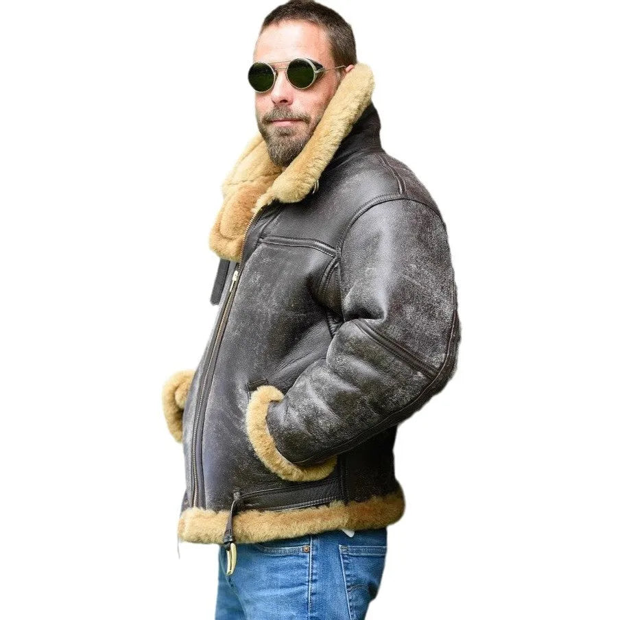 Brown retro synthetic leather fur coat for men, medium length with straight hem and side pockets.