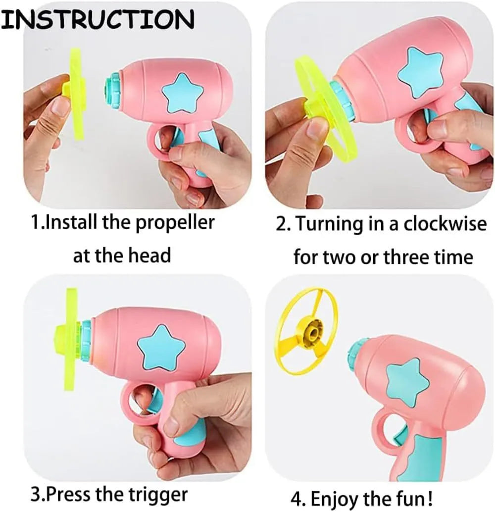 Blue or pink plastic cat toy gun launcher with two coloured frisbees for indoor play.