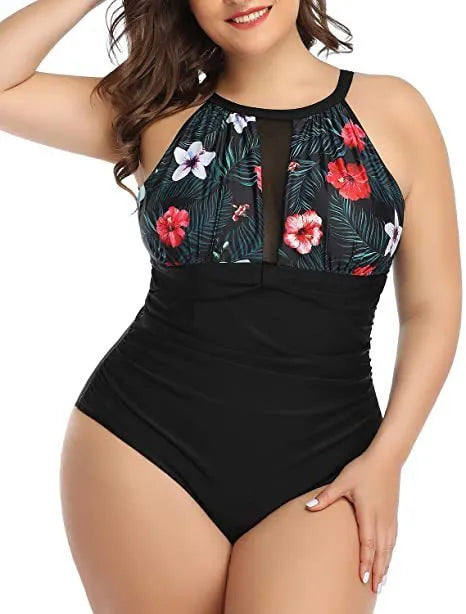 Women's black one-piece swimsuit with lace detailing on mannequin showing front and back views