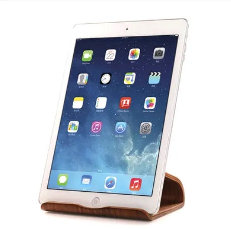 Bamboo wood lazy couch bracket holding an iPad on a desktop, walnut finish