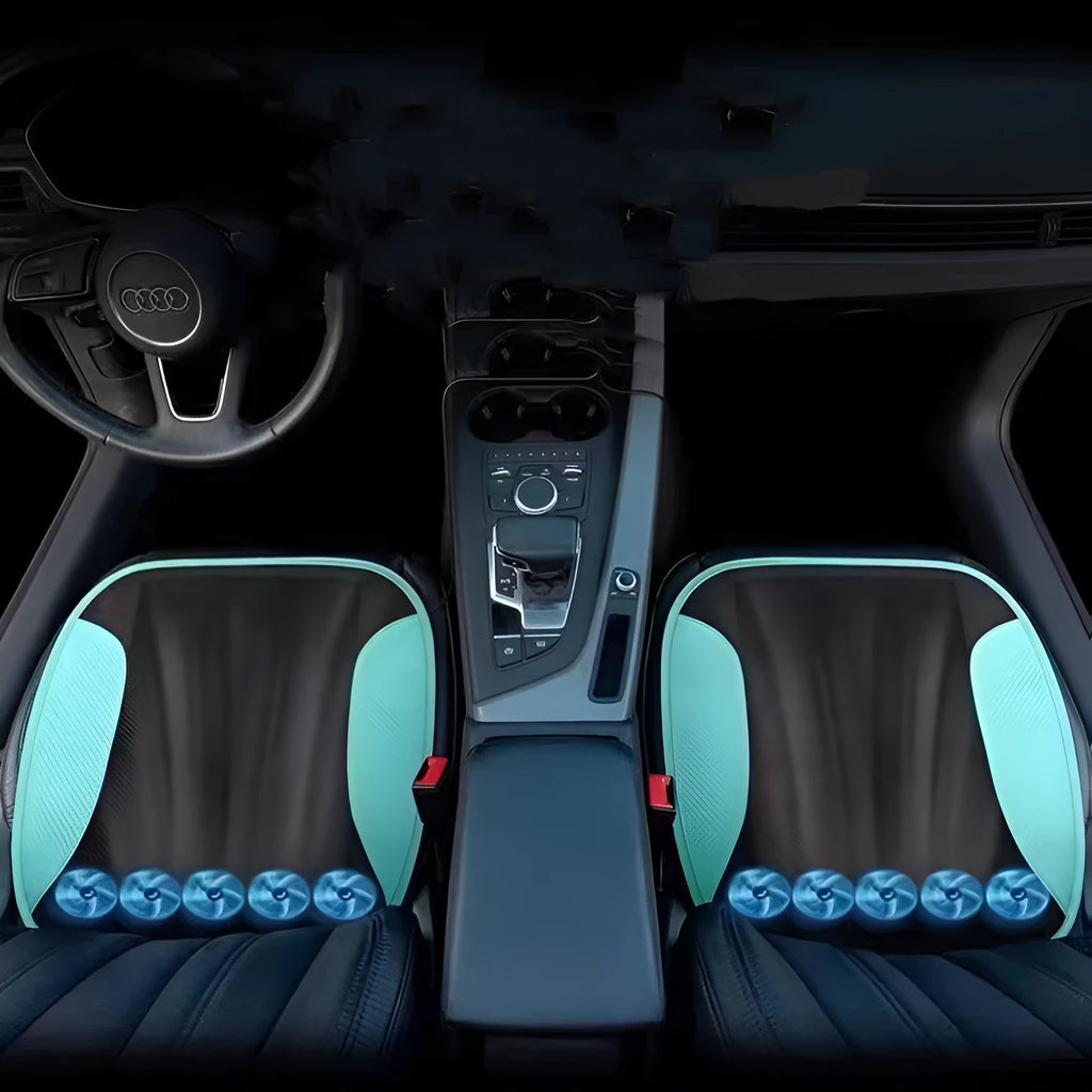 USB car ventilated seat cushion in suede material with cooling fans, shown in black colour