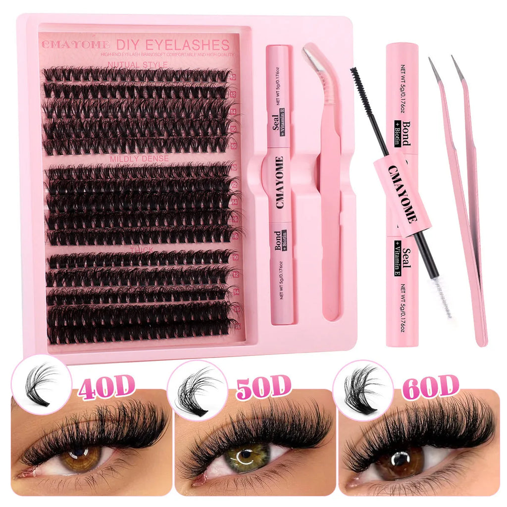 DIY false eyelash extension set showing single cluster lashes with application tweezers