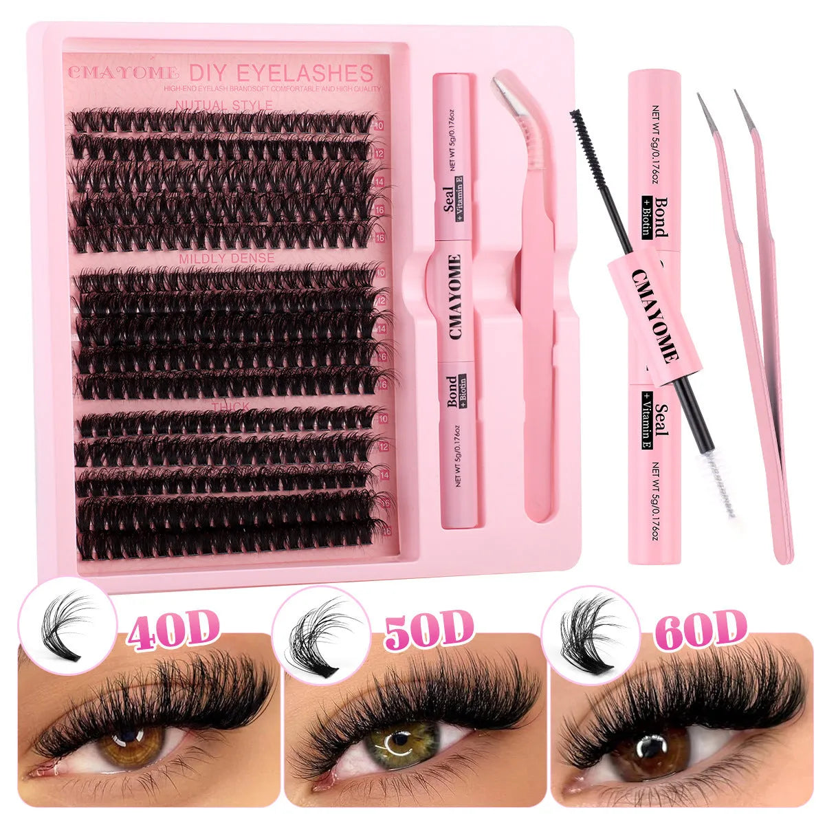 DIY false eyelash extension set showing single cluster lashes with application tweezers
