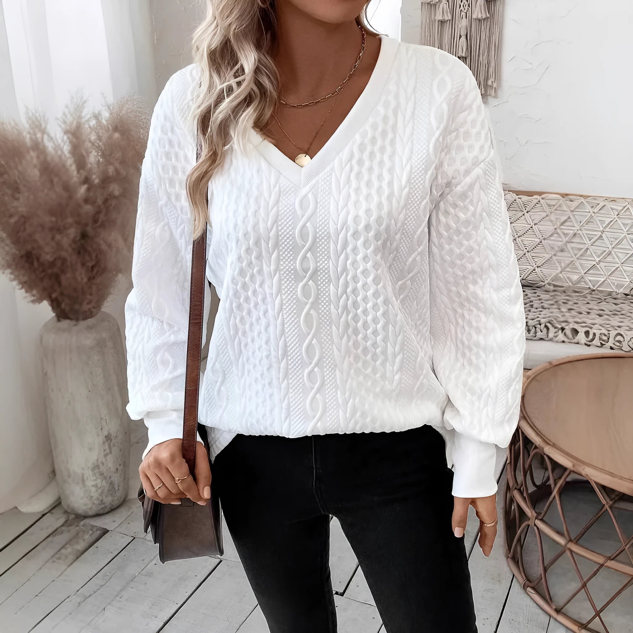 Milky white loose fit long sleeve T-shirt with a 3D pattern on the front