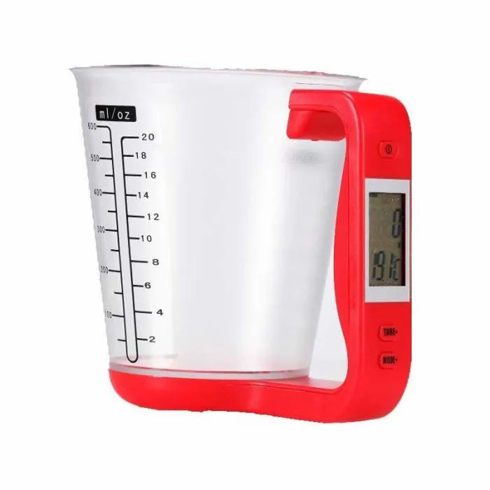 Green digital measuring cup scale with LCD display in handle on white background, 185mm size