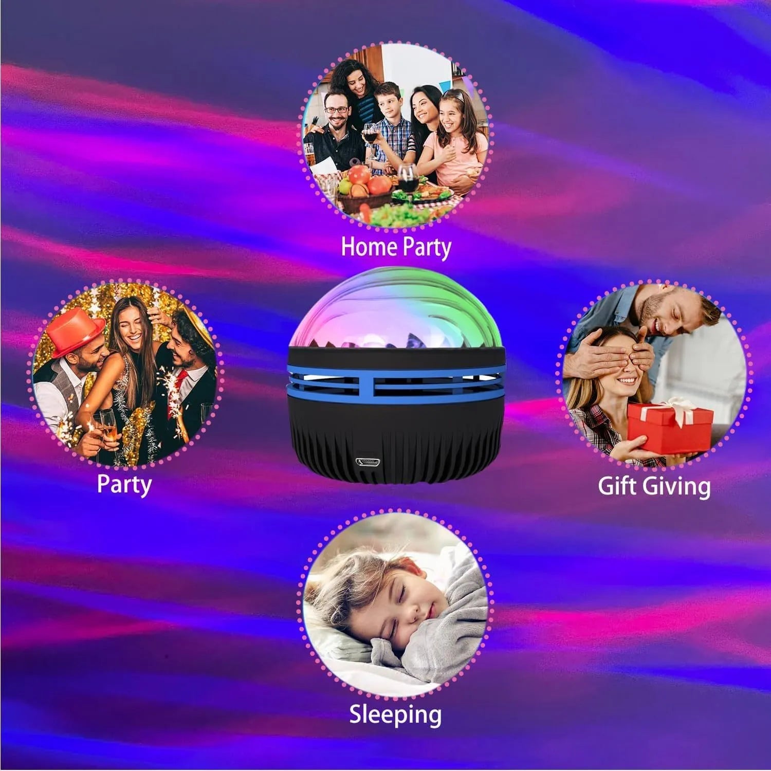 Compact LED galaxy projector night light with removable acrylic shade on a bedside table.