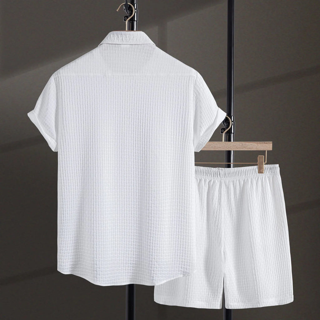 Men's loose-fit cotton blend shirt and shorts summer casual set in black