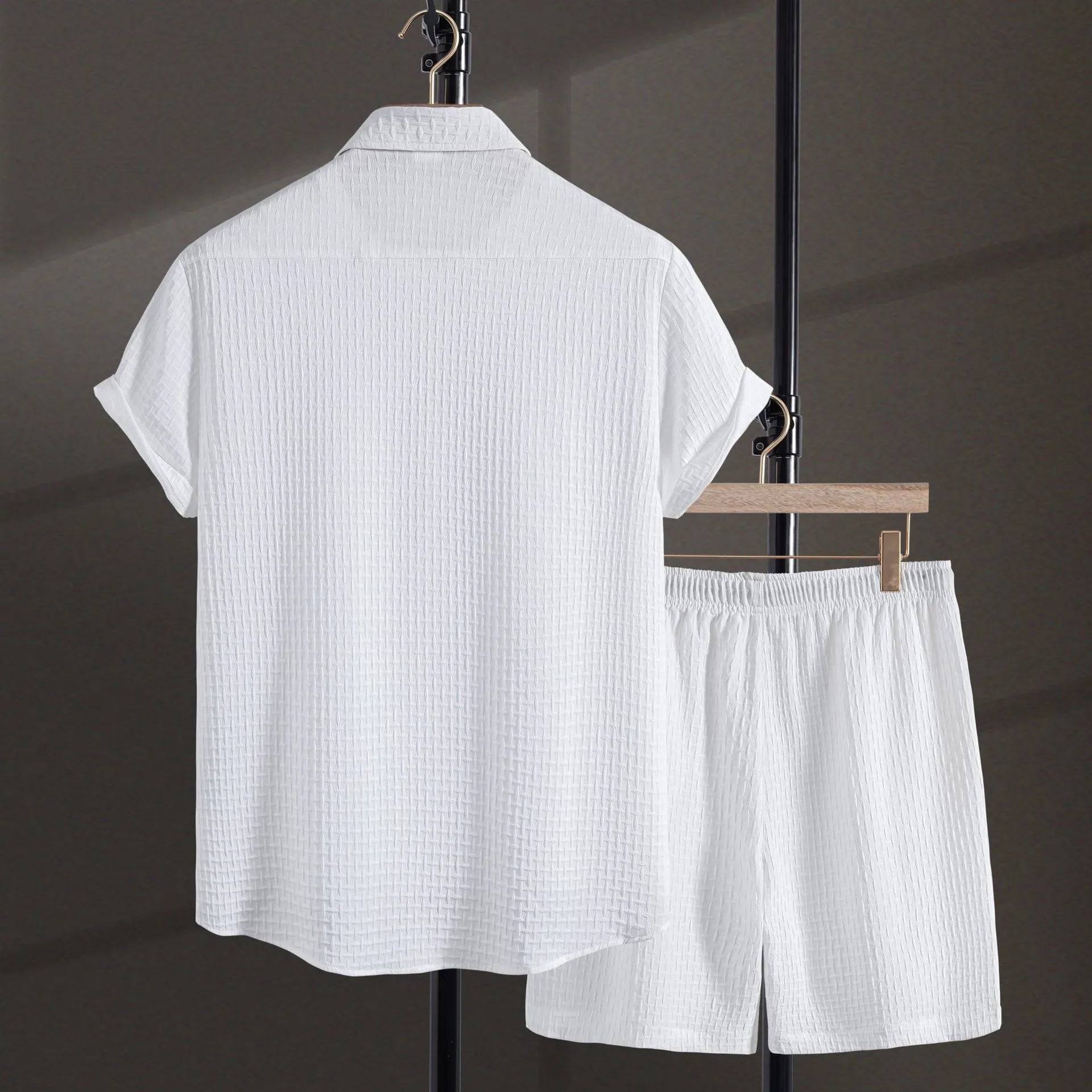Men's loose-fit cotton blend shirt and shorts summer casual set in black