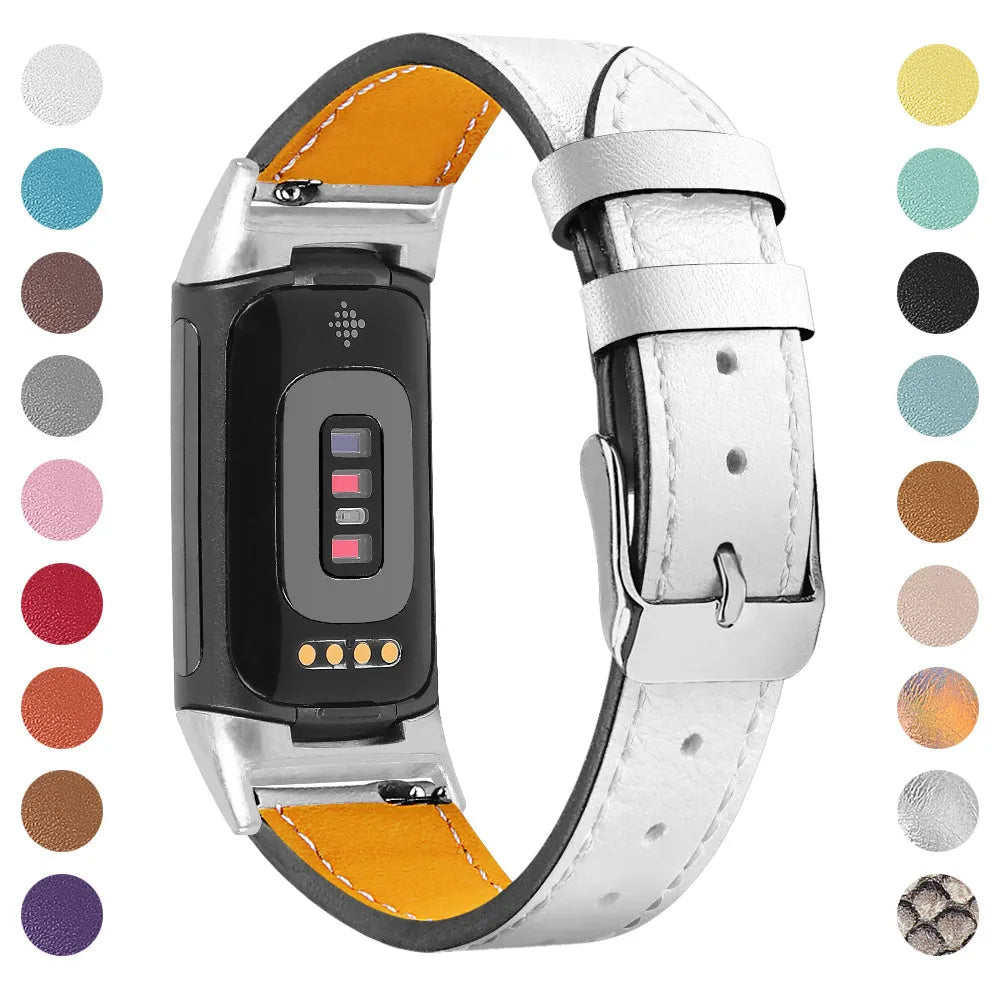 Genuine cowhide leather strap for Fitbit Charge 5 and Charge 6 smart watches in multiple colour options.
