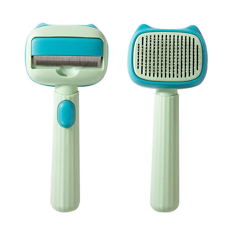 Blue double-sided pet grooming brush with deshedding rake and dematting comb on a white background.
