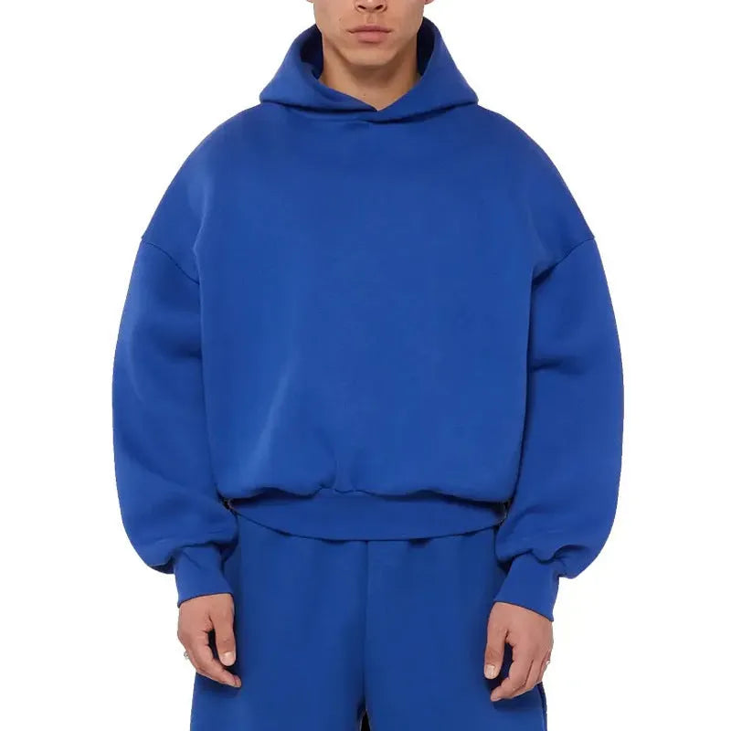 Men's solid colour fleece-lined cotton hoodie sweater with a wool lining and pullover design.
